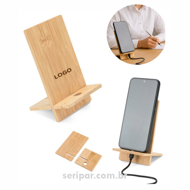 Suporte para celular personalizado em bambu para empresas