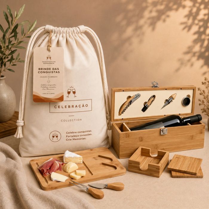 Brinde das Conquistas Connection com kit para vinho, porta-copos e kit queijo personalizados