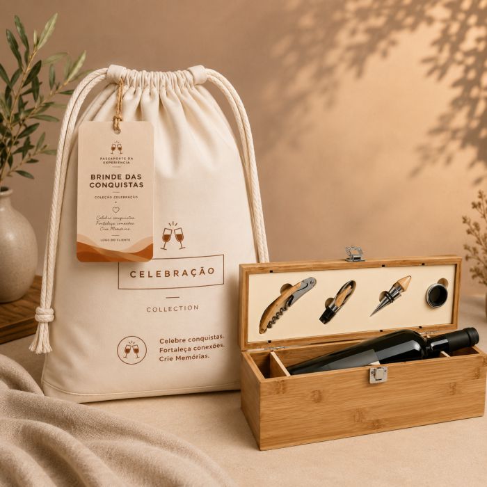 Brinde das Conquistas Essential com kit para vinho personalizado para empresas