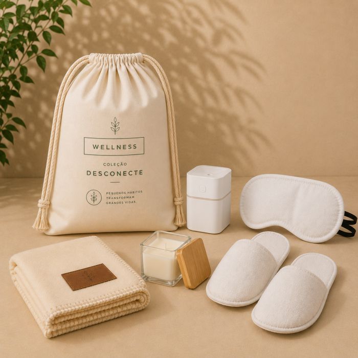 Desconecte Connection com manta, máscara de dormir, pantufas, vela aromática e umidificador personalizados