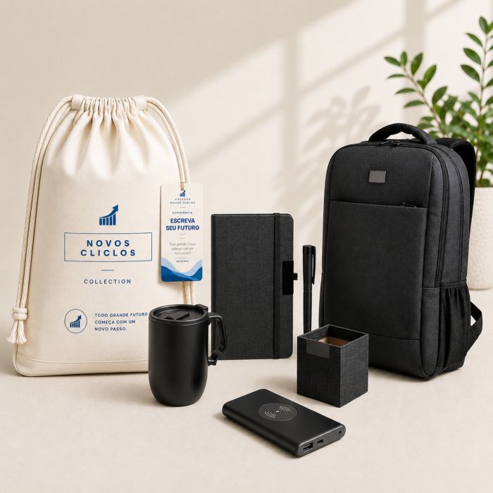 Escreva seu Futuro Signature com caderno, caneta, caneca térmica, porta-canetas, power bank e mochila para notebook