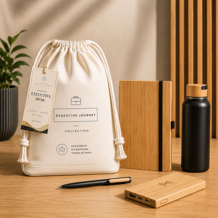 Executive Desk Connection com garrafa térmica, caderno, caneta e bateria portátil personalizados
