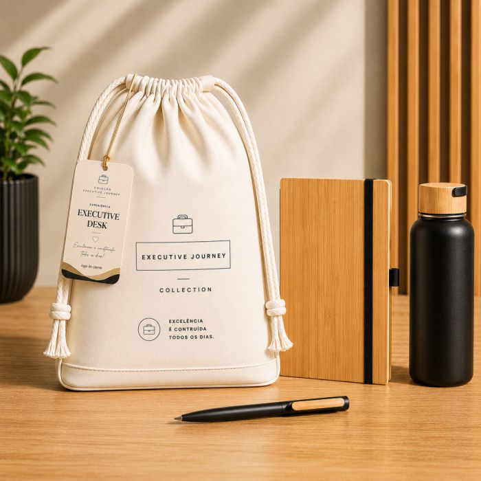 Executive Desk Essential com garrafa térmica, caderno e caneta personalizados para empresas