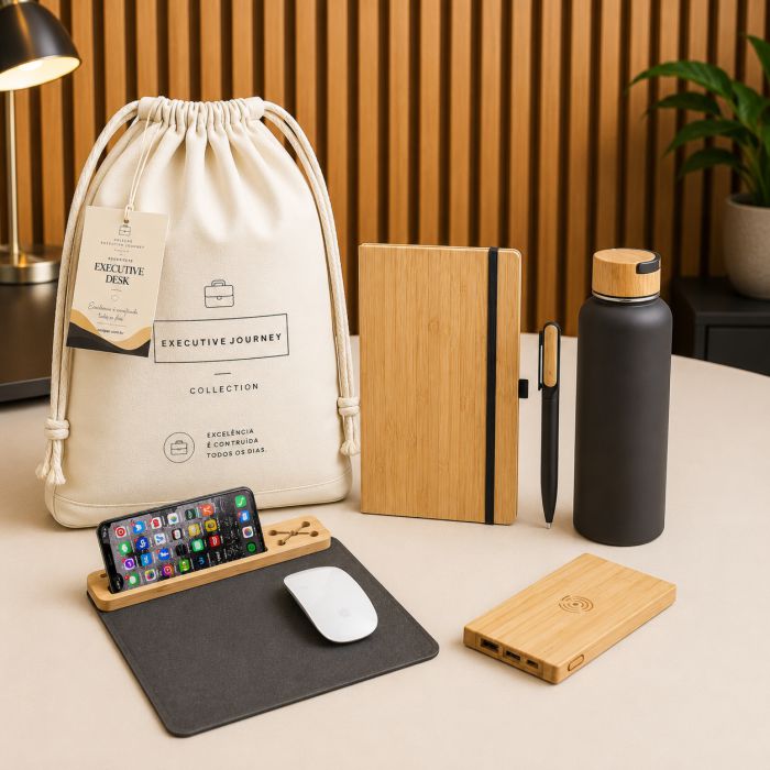Executive Desk Signature com garrafa térmica, caderno, caneta, bateria portátil e mouse pad personalizados