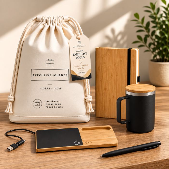 Executive Focus Connection com carregador wireless, aquecedor de caneca, caneca térmica, caderno e caneta