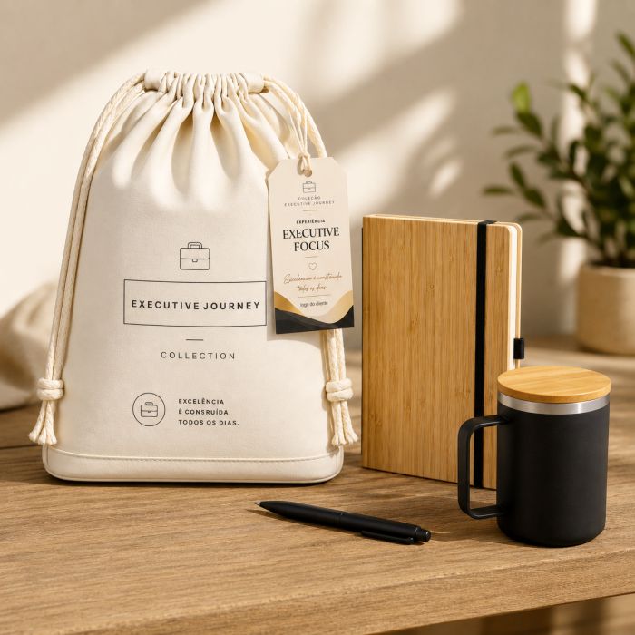 Executive Focus Essential com caneca térmica, caderno e caneta personalizados para empresas