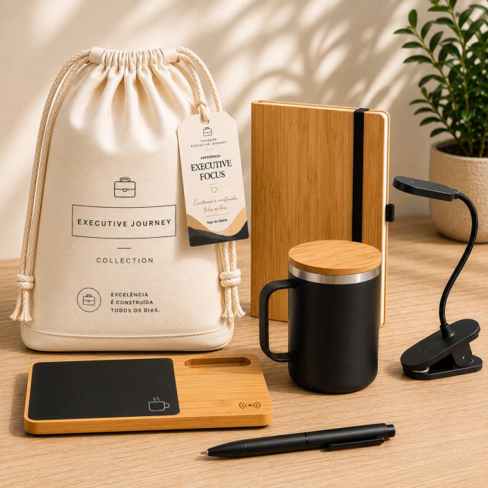 Executive Focus Signature com carregador wireless, luminária, caneca térmica, caderno e caneta personalizados