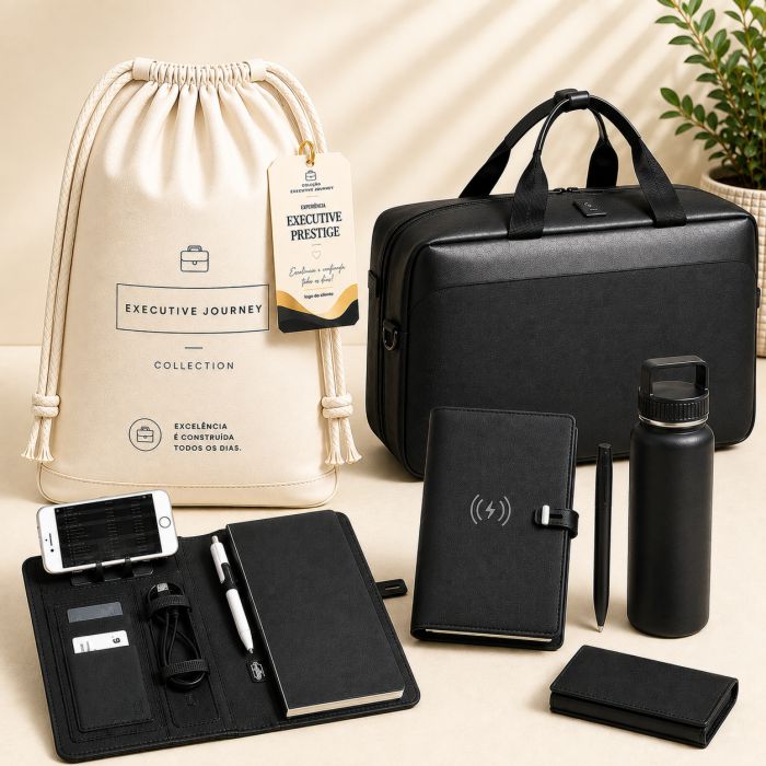 Executive Prestige Signature com bolsa de viagem, pasta executiva, caneta, garrafa térmica e carteira personalizadas