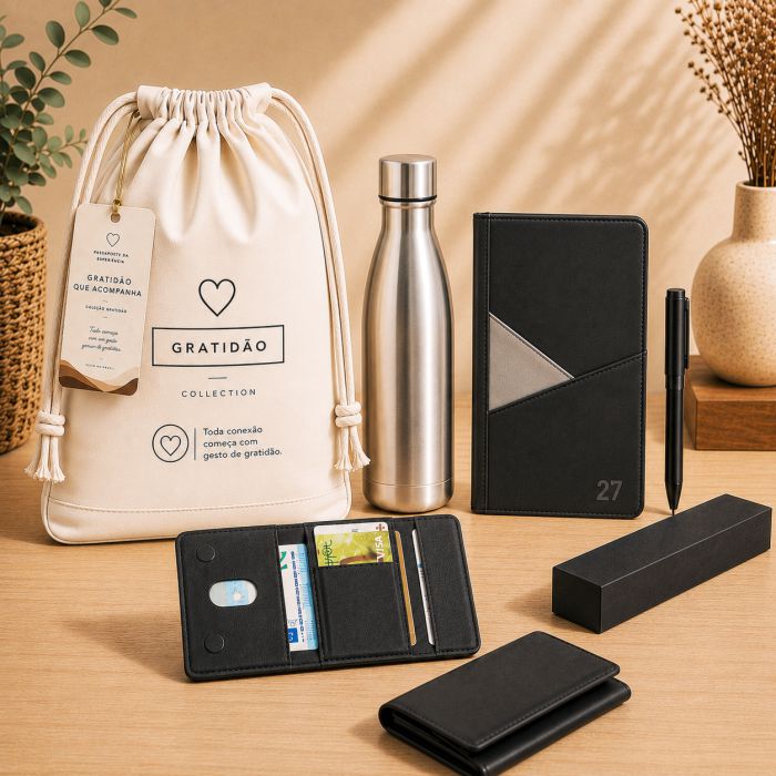 Gratidão que Acompanha Connection com agenda, caneta metálica, carteira e garrafa térmica personalizadas