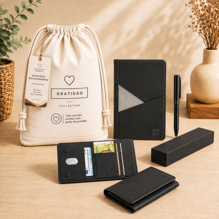 Gratidão que Acompanha Essential com agenda, caneta metálica e carteira personalizadas para empresas