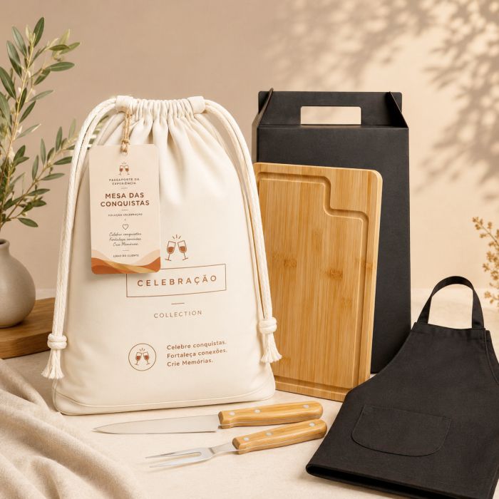 Mesa das Conquistas Essential com kit churrasco e avental personalizados para empresas