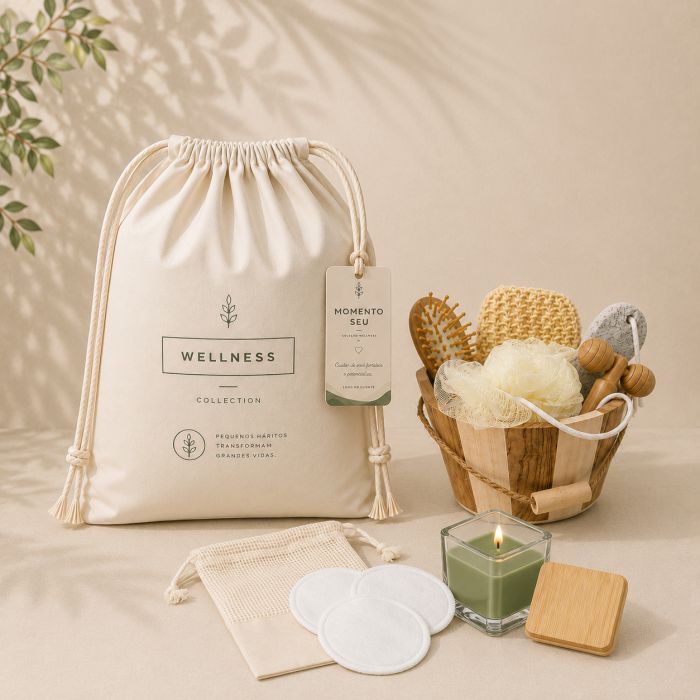 Momento Seu Connection com kit banho, kit de limpeza facial e vela aromática personalizados