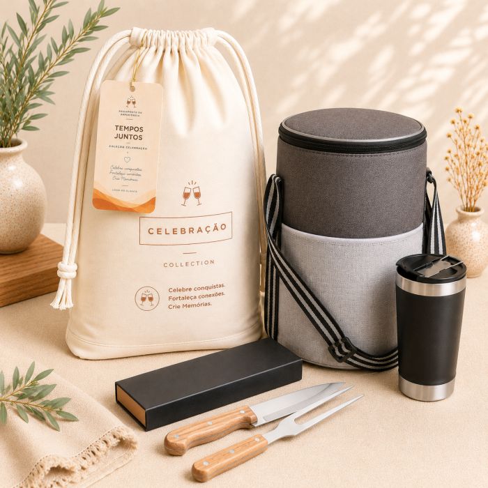 Momentos Compartilhados Connection com cooler térmico, copo térmico e kit churrasco personalizados