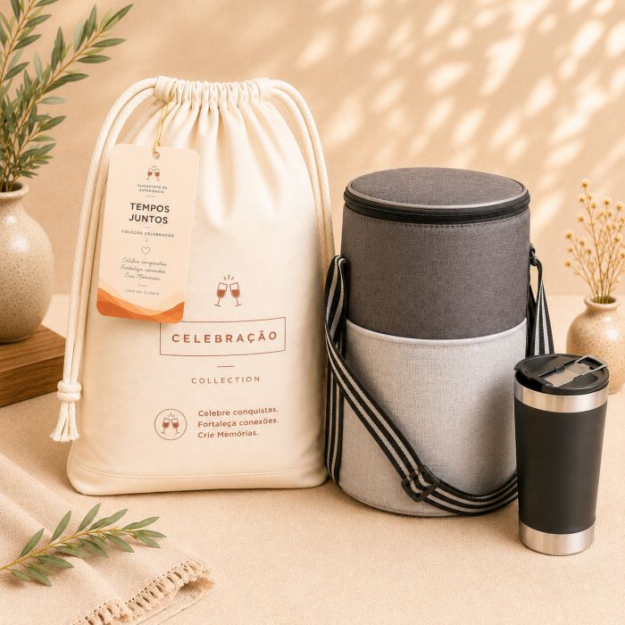Momentos Compartilhados Essential com cooler térmico e copo térmico personalizados para empresas