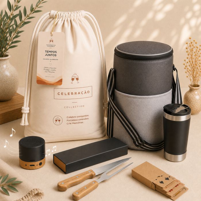 Momentos Compartilhados Signature com cooler, copo térmico, kit churrasco, caixa de som e baralho personalizados