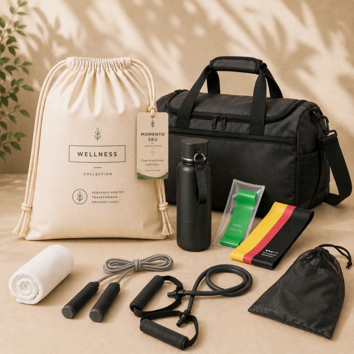Movimento Connection com bolsa esportiva, garrafa térmica, faixas elásticas, kit fitness e toalha esportiva