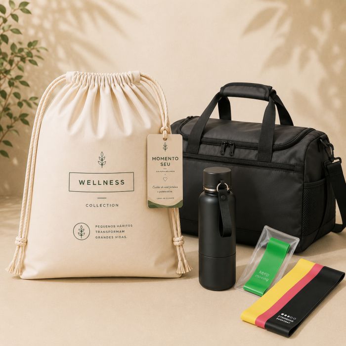 Movimento Essential com bolsa esportiva, garrafa térmica e faixas elásticas para exercícios personalizadas