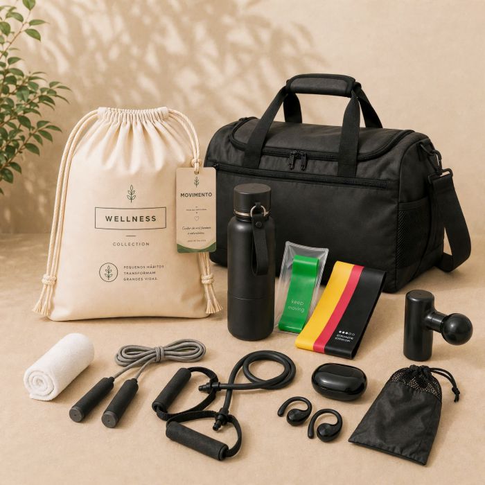 Movimento Signature com bolsa esportiva, garrafa térmica, acessórios fitness, massageador e fone Bluetooth