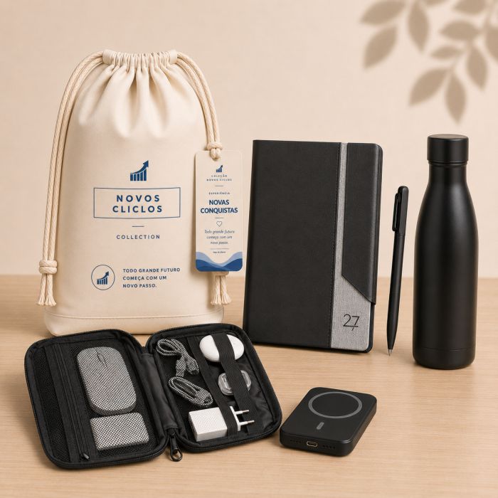 Novas Conquistas Connection com agenda, caneta, power bank, case organizador e garrafa térmica personalizados