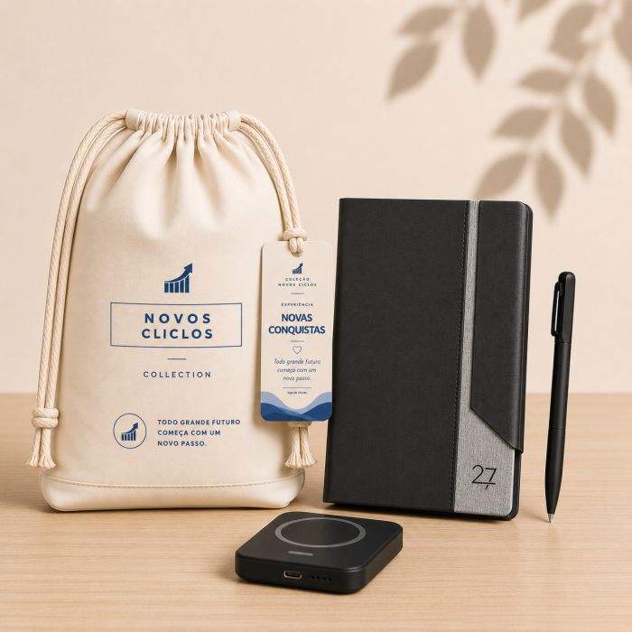 Novas Conquistas Essential com agenda, caneta metálica e carregador power bank personalizados