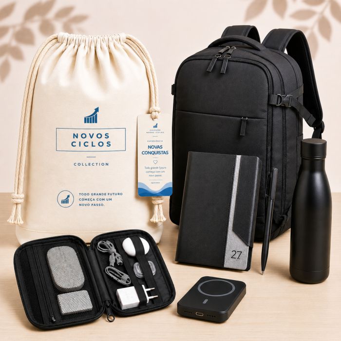 Novas Conquistas Signature com agenda, caneta, power bank, case, garrafa térmica e mochila para notebook personalizados