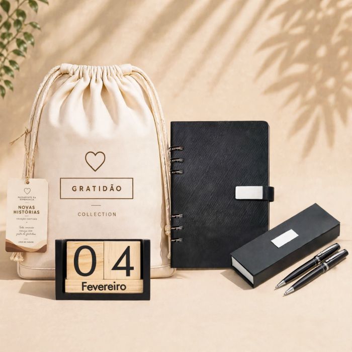 Novas Histórias Connection com caderno fichário, calendário, caneta e lapiseira metálicas personalizadas