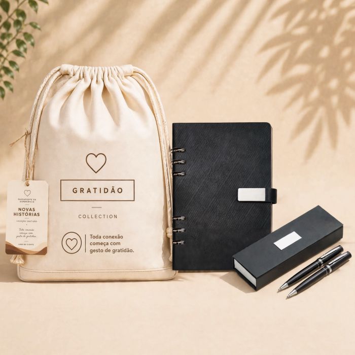Novas Histórias Essential com caderno fichário, caneta e lapiseira metálicas personalizadas