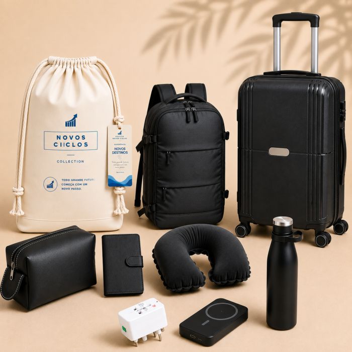 Novos Destinos Signature com mala, mochila e acessórios de viagem personalizados para empresas