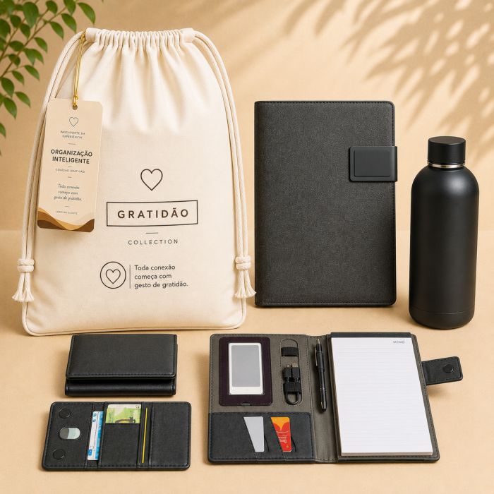Organização Inteligente Essential com pasta organizadora executiva, carteira e garrafa térmica personalizadas