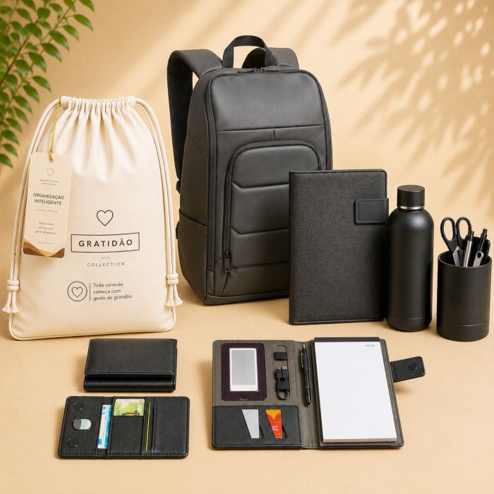 Organização Inteligente Signature com pasta executiva, carteira, garrafa térmica, carregador e mochila para notebook