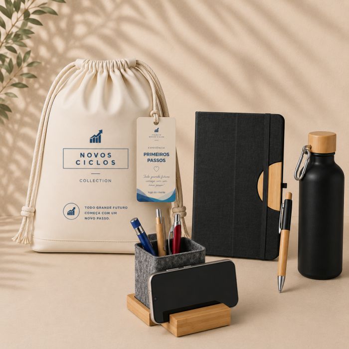 Primeiros Passos Connection com caderno, caneta, squeeze e porta-celular e canetas personalizados