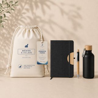 Primeiros Passos Essential com caderno, caneta e squeeze personalizados para empresas