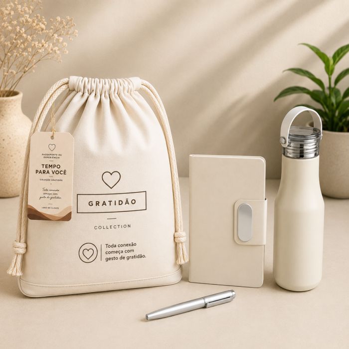 Tempo para Você Essential com caderno, caneta metálica e garrafa térmica personalizados para empresas